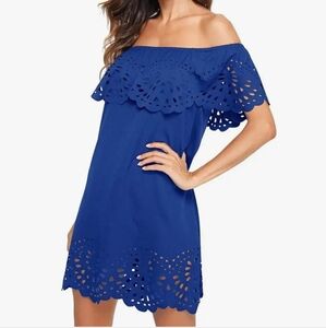 Women's Off Shoulder Ruffle Loose Tunic Shift Dress with Eyelet Details - NWOT